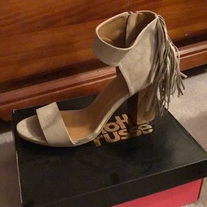 Grey suede fringe heelS